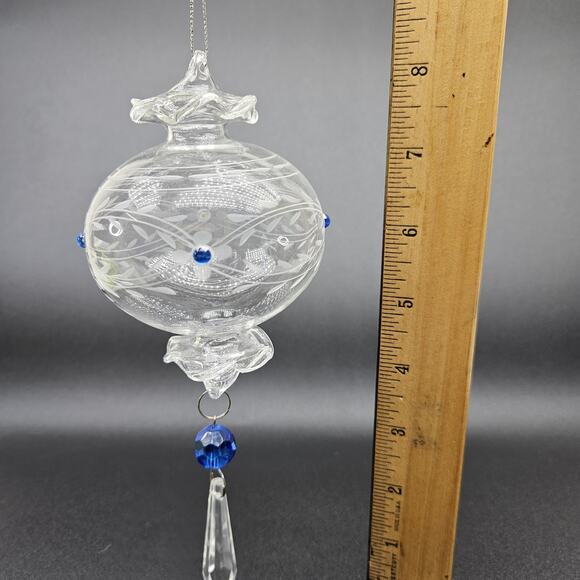 Hand Blown Glass Ornament Etched Floral Design Crystal Accents Hanging Decor - Picture 7 of 7